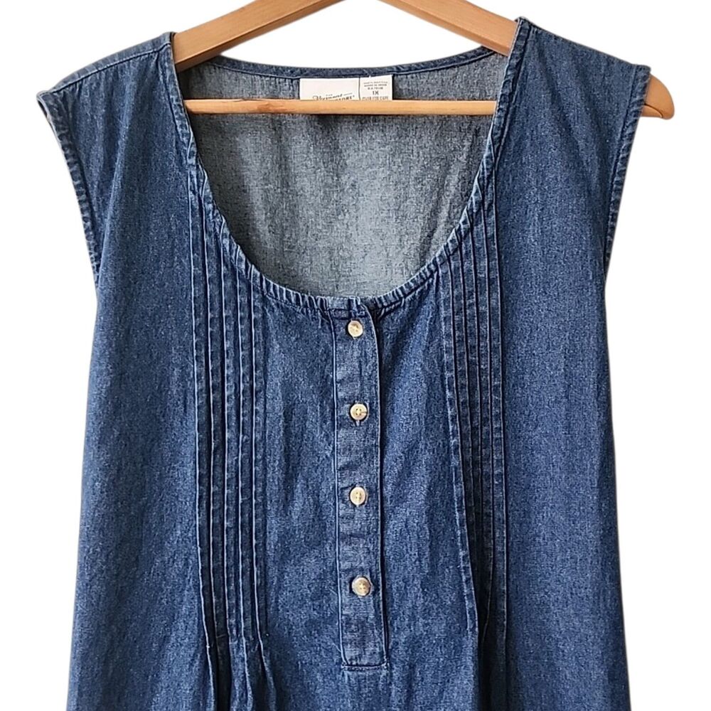 Vermont Country Store Denim Pintuck Jumper Woman's 1X Sleeveless Blue - Picture 3 of 7